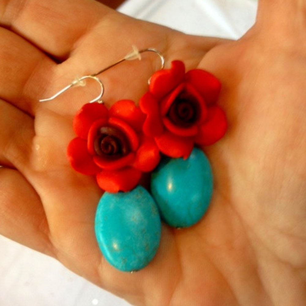 Pretty Boho Red Flower & Turquoise Dangle Earrings - Picture 3 of 6